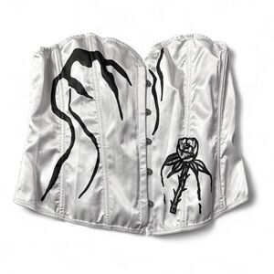 White Satin Corset Top with Black Hand-painted Art